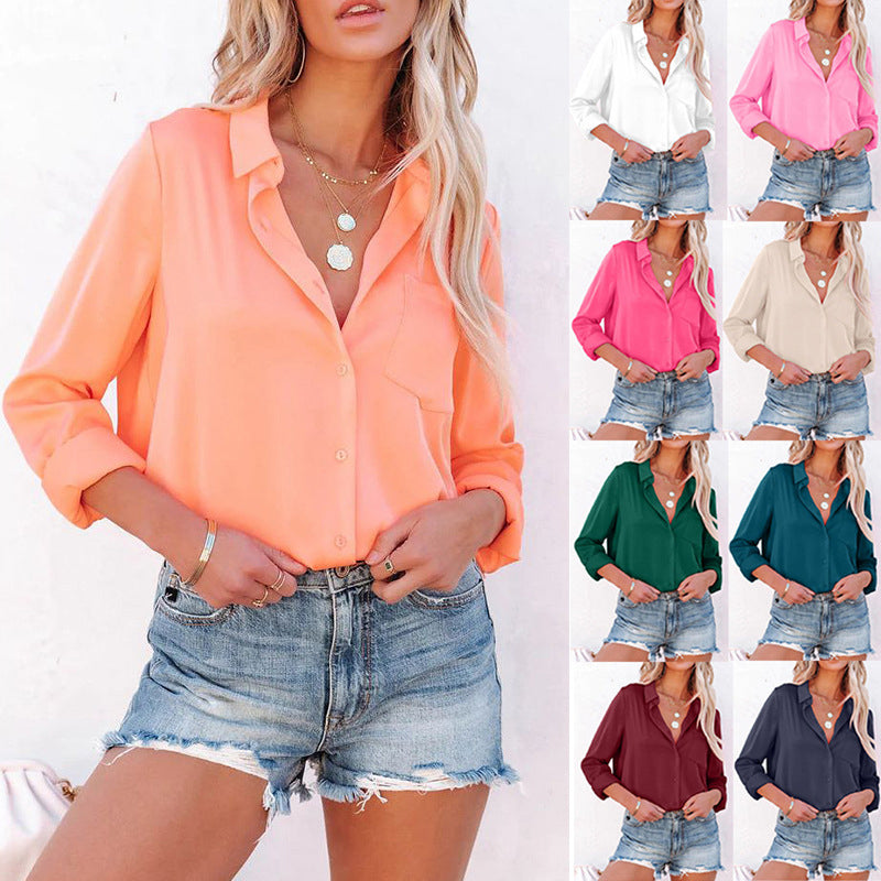 Satin Solid Long Sleeve V Neck Casual Shirt