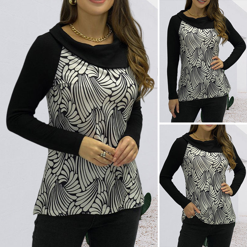 Ladies Long Sleeve Lapel Wave Pattern T-shirt