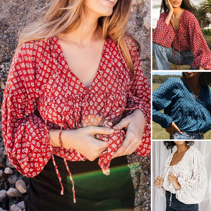 Lantern Long Sleeve Floral Chiffon Shirt