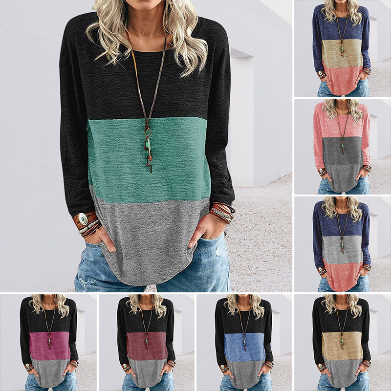 Round Neck Pullover Contrast Long Sleeve T-Shirt
