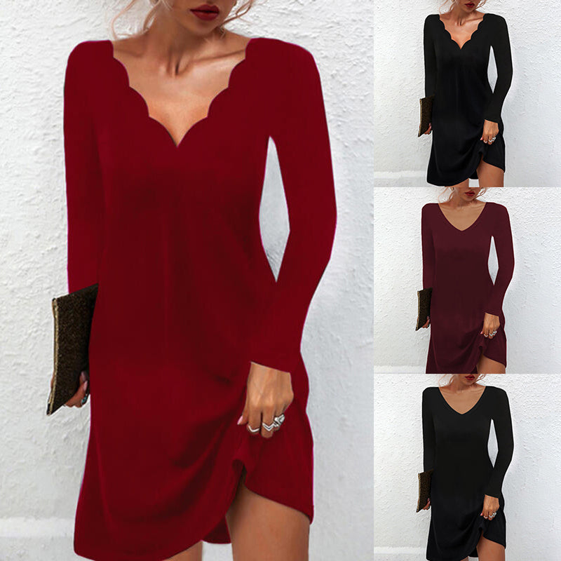 Solid Color Casual Deep V Dress