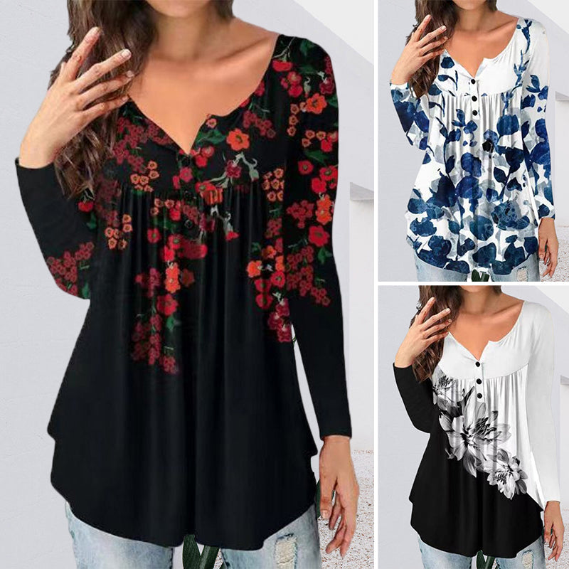 Printed Button Loose Long Sleeve T-Shirt