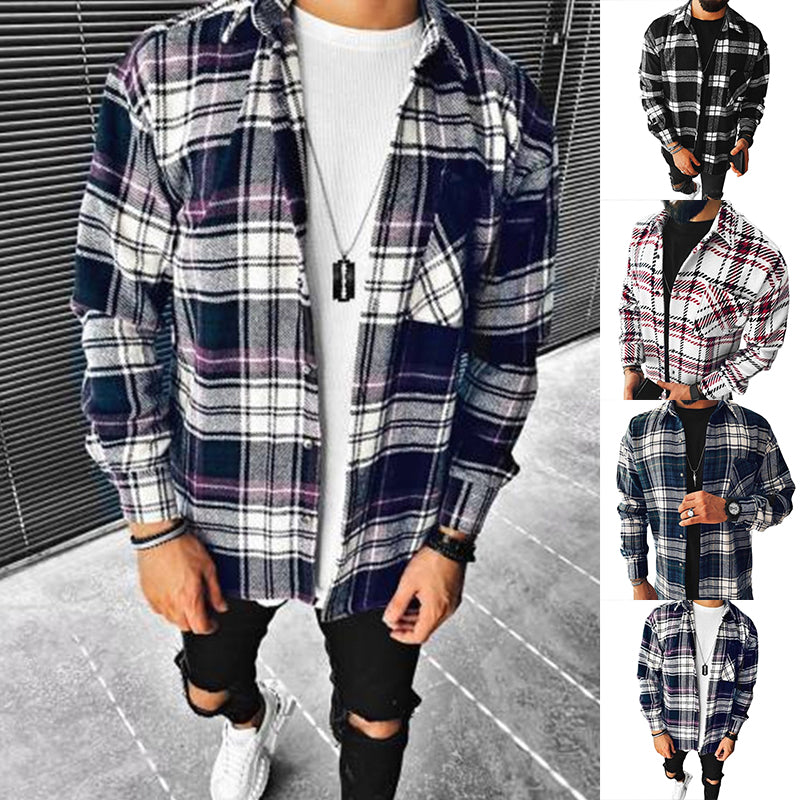 Wool Lapel Single-Breasted Plaid Shirt Jacket