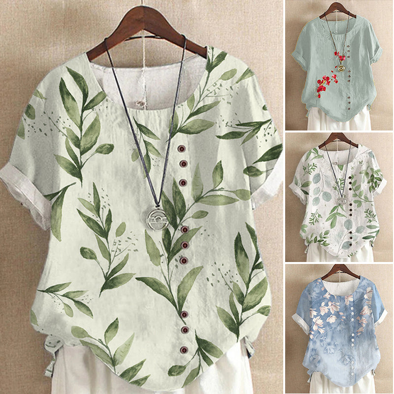Women Cotton Linen Crew Neck Short Sleeve Tunic