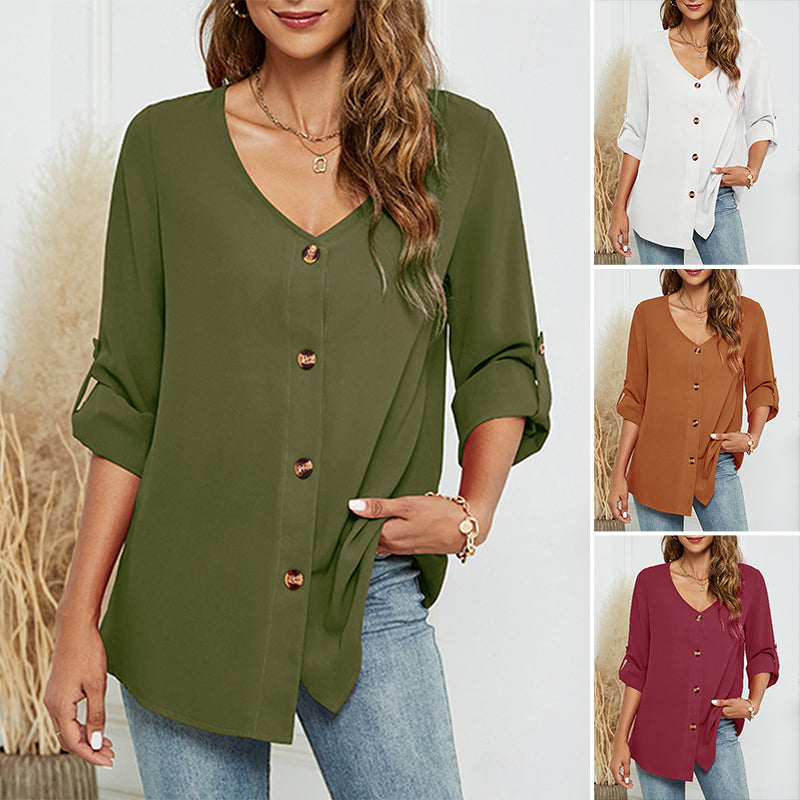 Solid V-Neck Button-Up Shirt