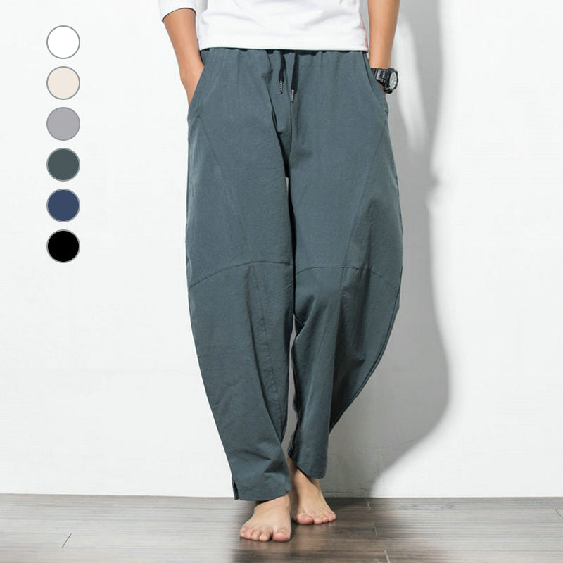 Men's Solid Color Patchwork Cotton Linen Trousers