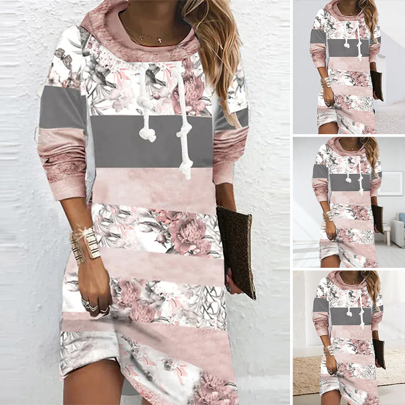 Long Sleeve Floral Print Dress with Hood