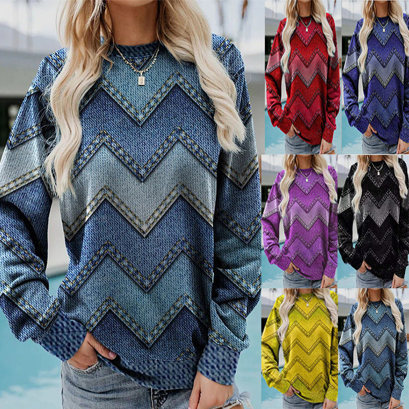 Women's Wavy Denim Print Casual Long Sleeve Sweater