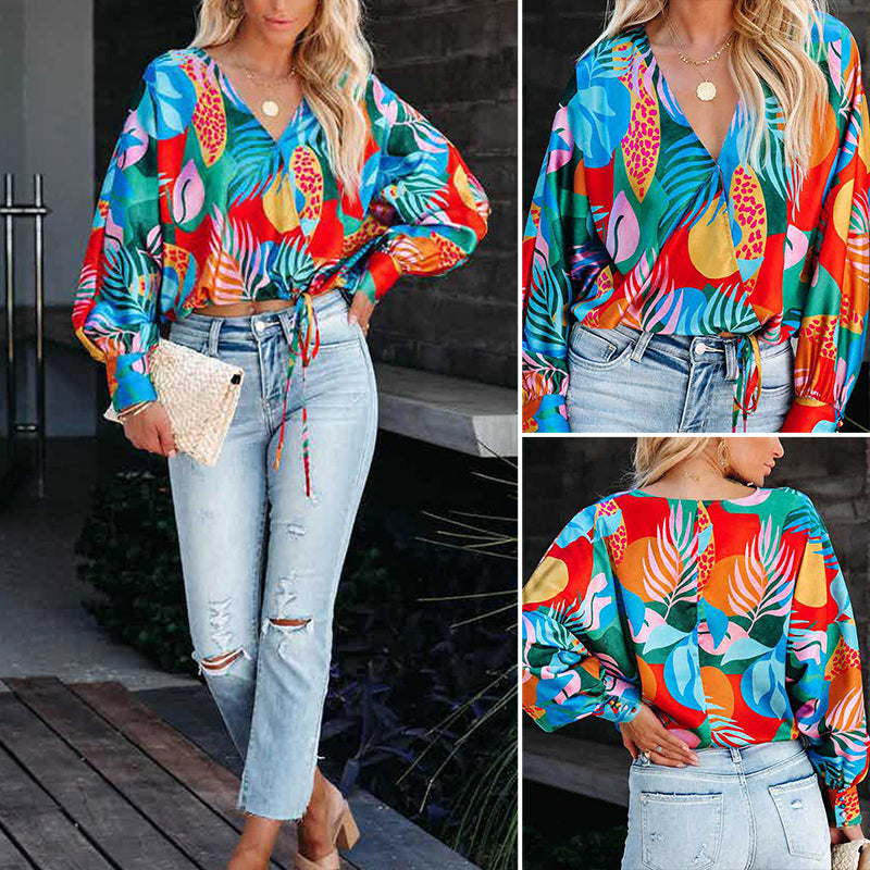 Printed V-Neck Long Sleeve Loose Casual Shirt