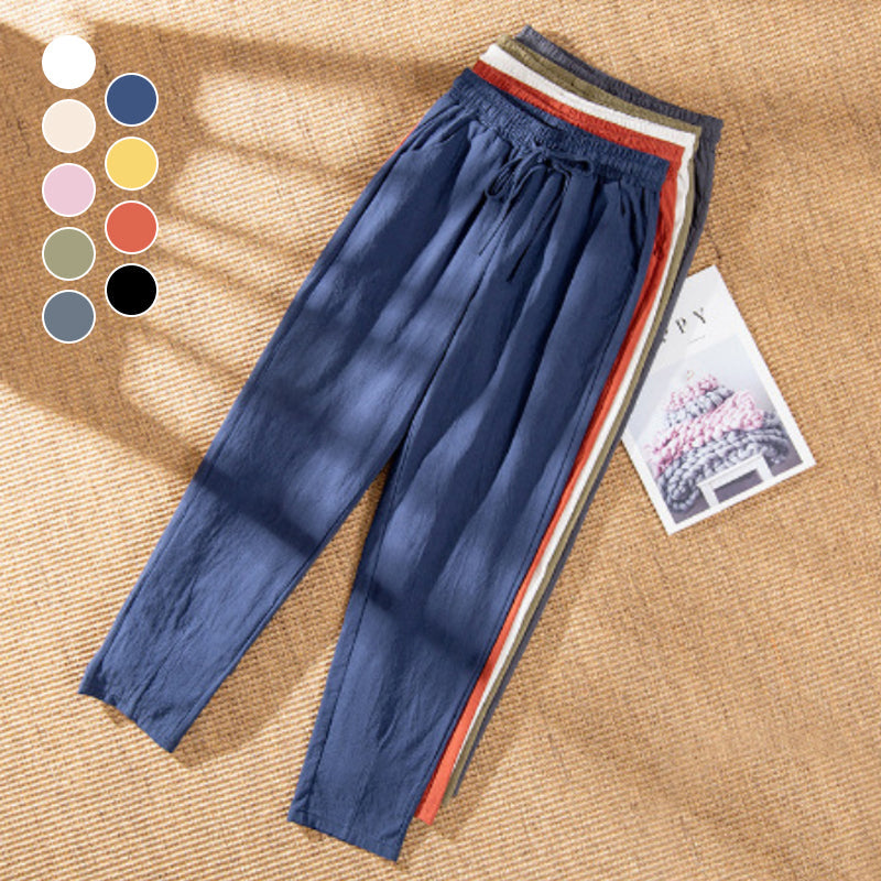 Women's Casual Cotton And Linen Elastic Waist Straight Pants