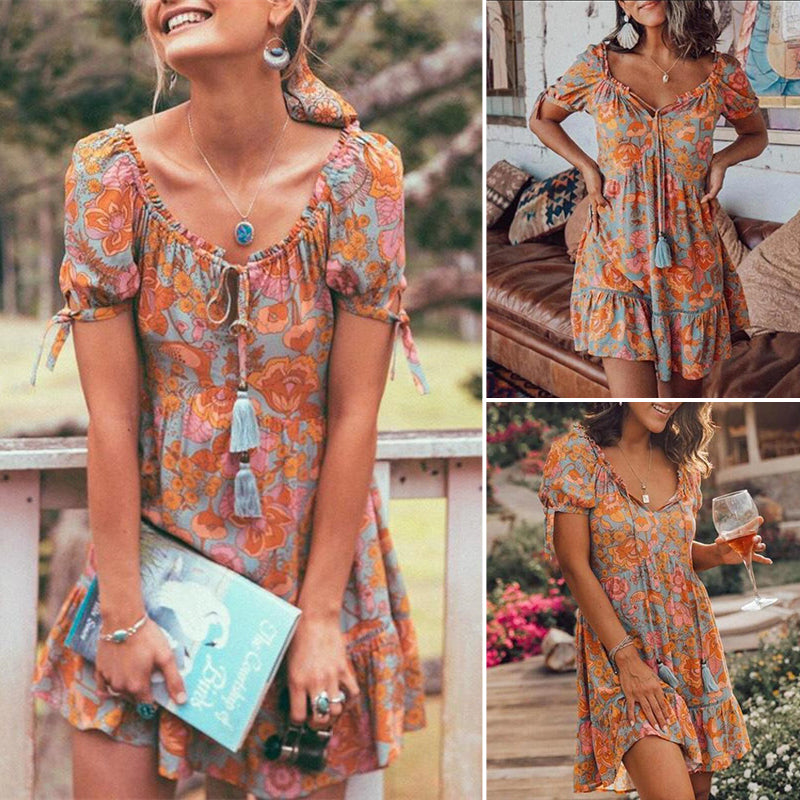 Printed V-Neck Short Sleeve Cotton Linen Dress