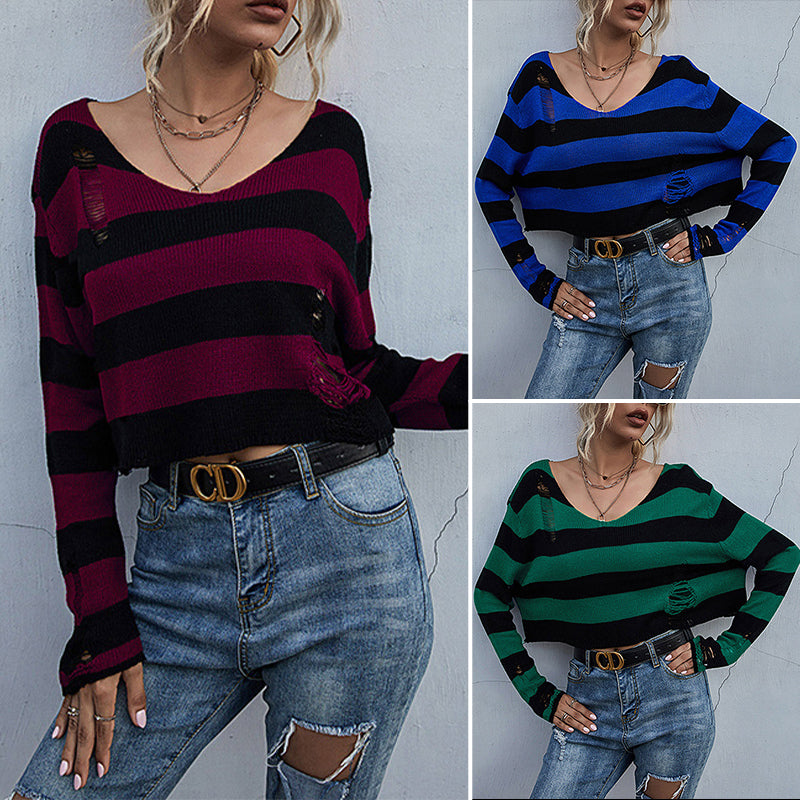 Striped V-neck Knitted Sweater