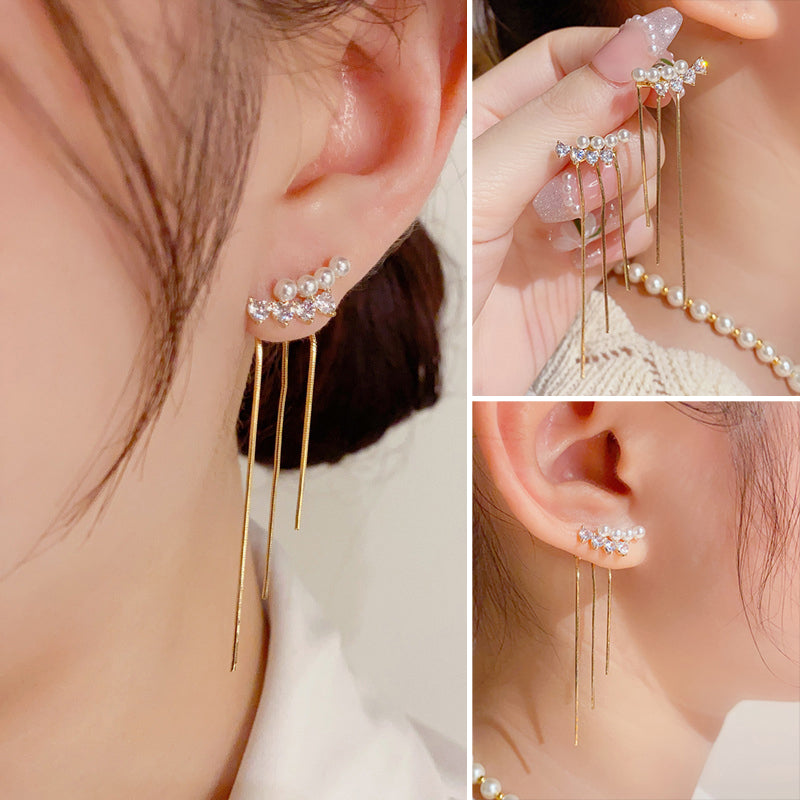 Simple Peral Curved Two-way Tassel Stud Earring