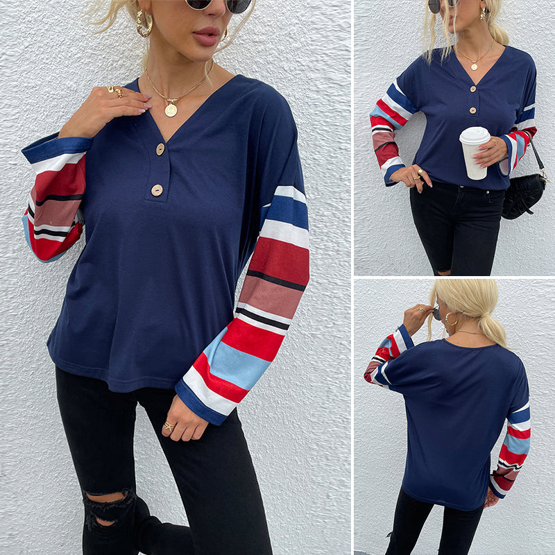 V-Neck Striped Sleeve Top