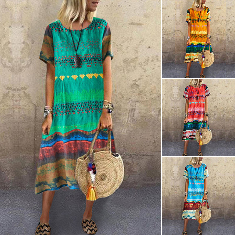 Vintage Ethnic Print Round Neck Dress