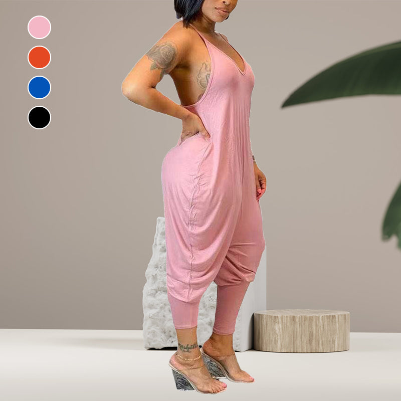 Women's Fashionable Casual Solid Color Suspender Jumpsuit