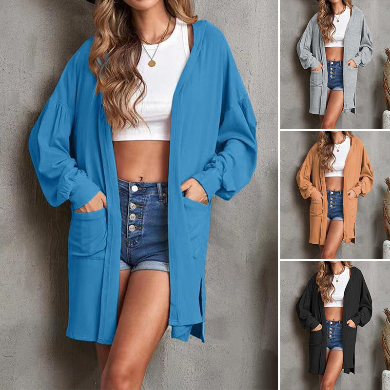 Long Pocket Hoodie Solid Color Long Sleeve Cardigan