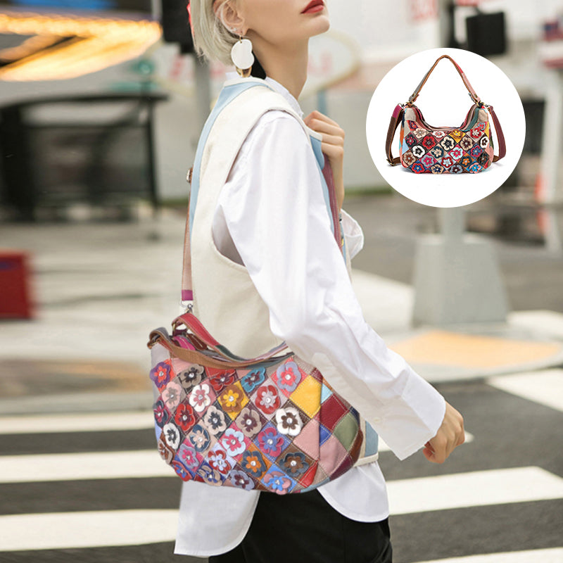Multi-Color Floral Genuine Leather Boston Bag