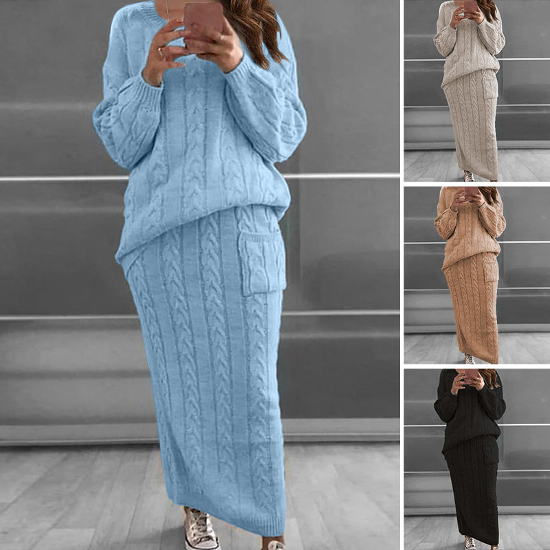 Cable Knit Patched Pocket Skirt Set