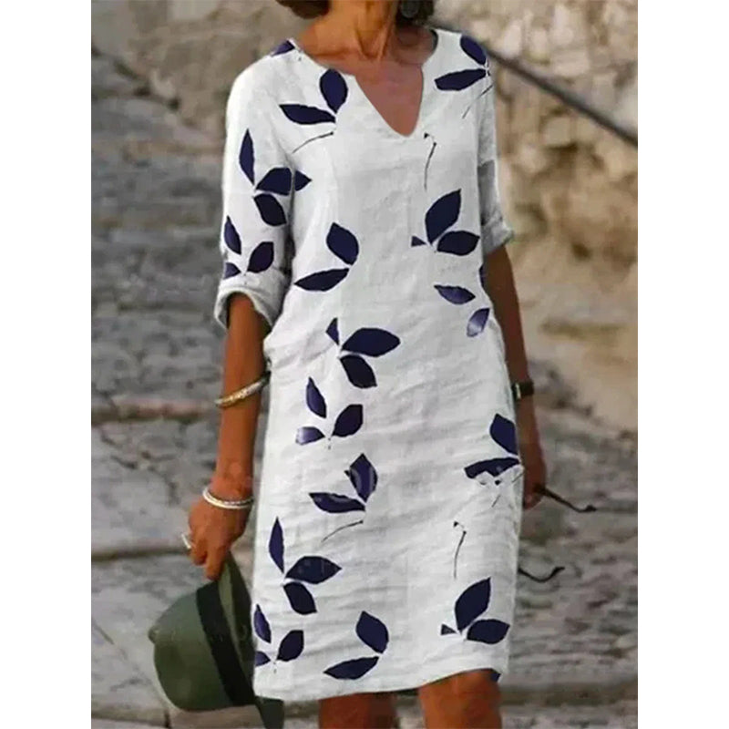 Ladies Printed Linen Short Sleeve V-Neck Dress