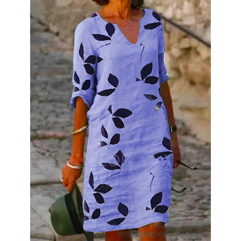 Ladies Printed Linen Short Sleeve V-Neck Dress