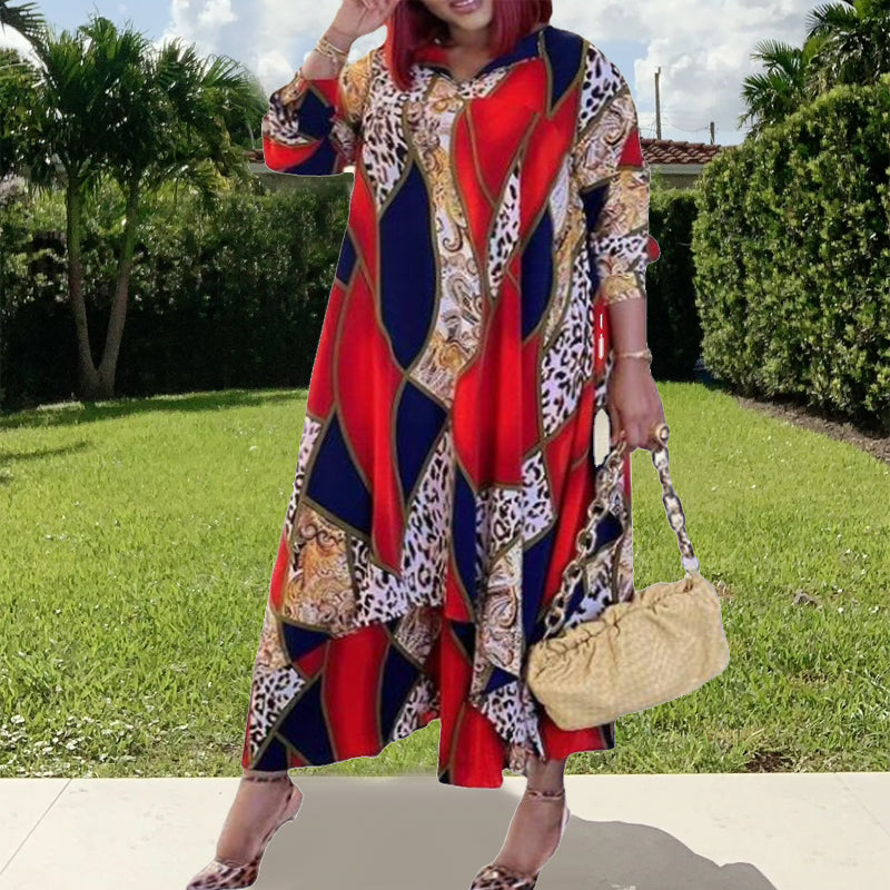 Large Size Printed V-neck Long-sleeved Loose Dress