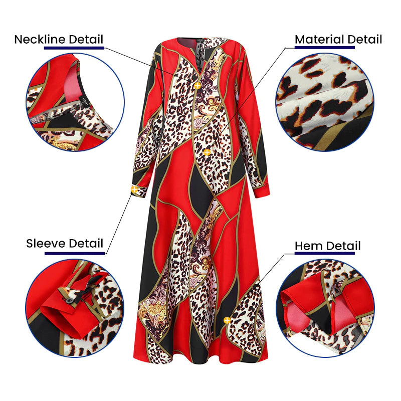 Large Size Printed V-neck Long-sleeved Loose Dress