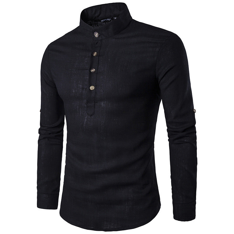 Casual Fashionable Solid Color Long Sleeve Linen Shirt With Stand Collar