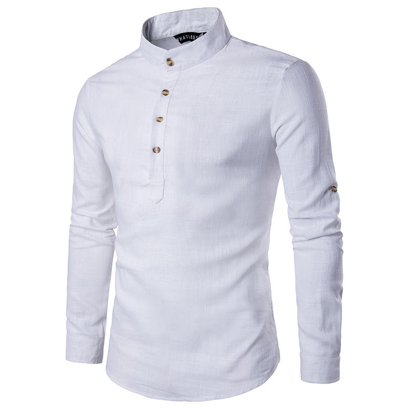 Casual Fashionable Solid Color Long Sleeve Linen Shirt With Stand Collar
