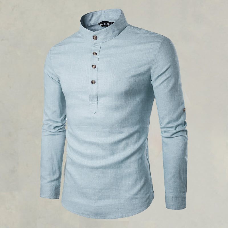 Casual Fashionable Solid Color Long Sleeve Linen Shirt With Stand Collar