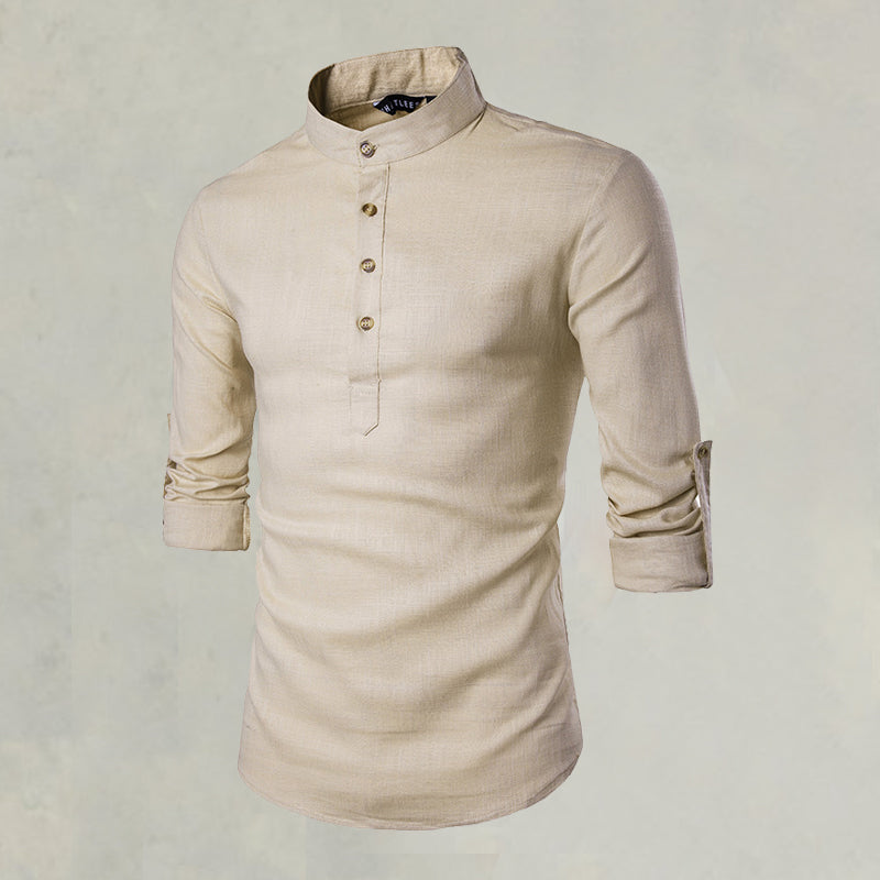 Casual Fashionable Solid Color Long Sleeve Linen Shirt With Stand Collar