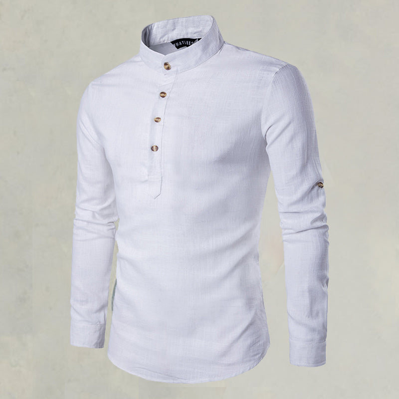 Casual Fashionable Solid Color Long Sleeve Linen Shirt With Stand Collar