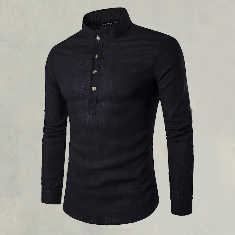 Casual Fashionable Solid Color Long Sleeve Linen Shirt With Stand Collar