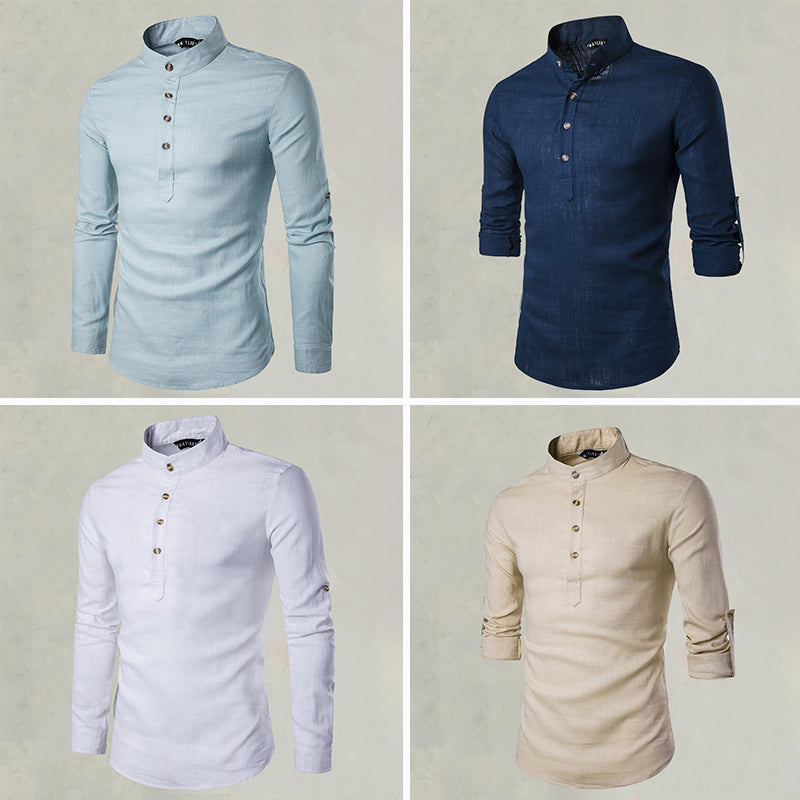 Casual Fashionable Solid Color Long Sleeve Linen Shirt With Stand Collar