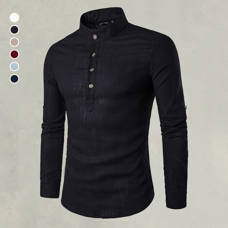 Casual Fashionable Solid Color Long Sleeve Linen Shirt With Stand Collar