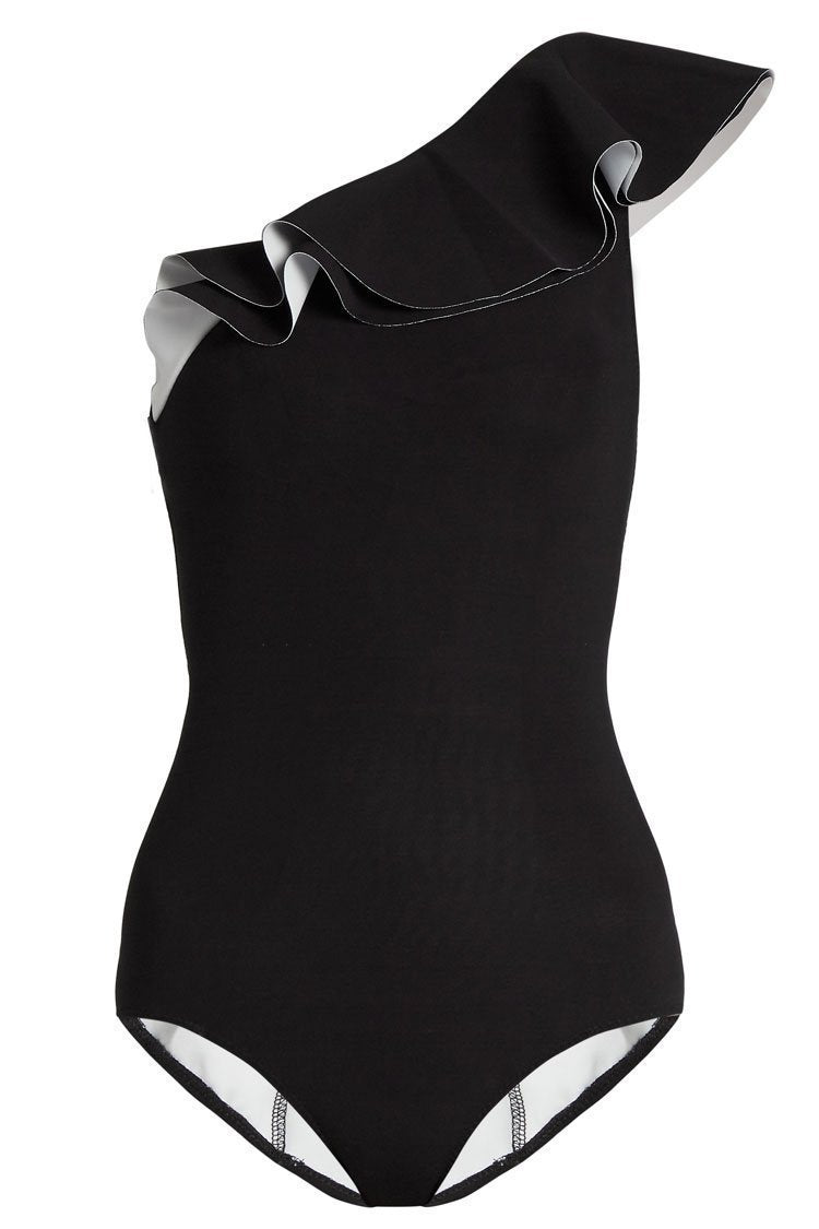 New Layered Ruffle One Shoulder One Piece Swimsuit in Black.MC