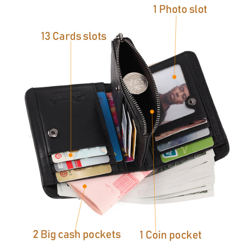 Men's Rfid Bifold Genuine Leather Wallet Zipper Purse