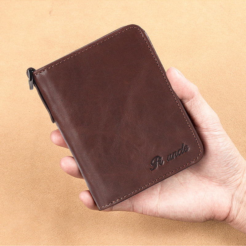 Men's Rfid Bifold Genuine Leather Wallet Zipper Purse