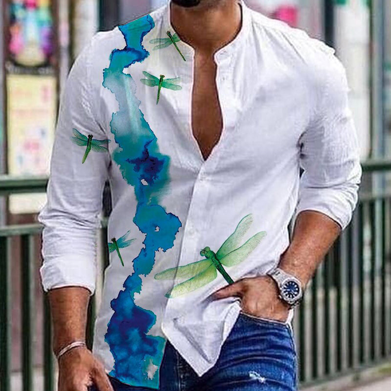 Men's Round Neck Cotton Linen Print Long Sleeve Shirt