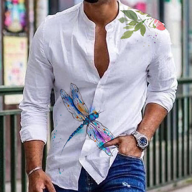 Men's Round Neck Cotton Linen Print Long Sleeve Shirt