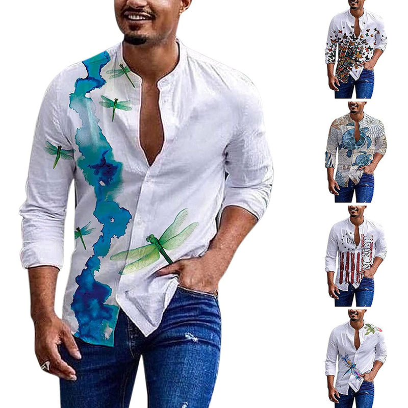 Men's Round Neck Cotton Linen Print Long Sleeve Shirt