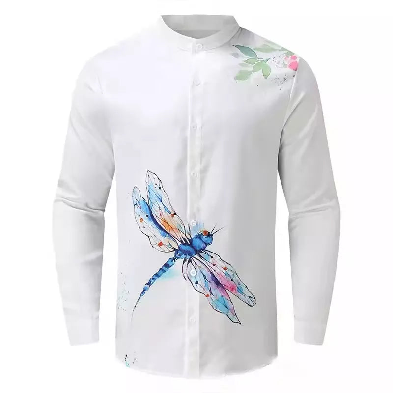Men's Round Neck Cotton Linen Print Long Sleeve Shirt