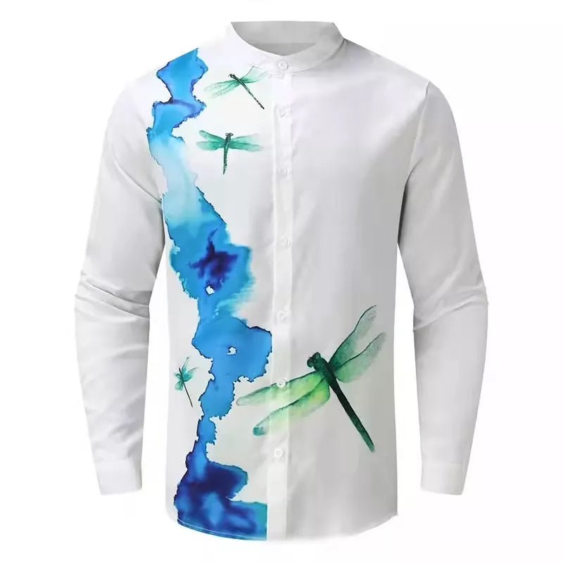 Men's Round Neck Cotton Linen Print Long Sleeve Shirt