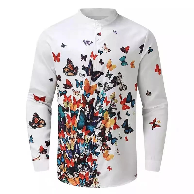 Men's Round Neck Cotton Linen Print Long Sleeve Shirt