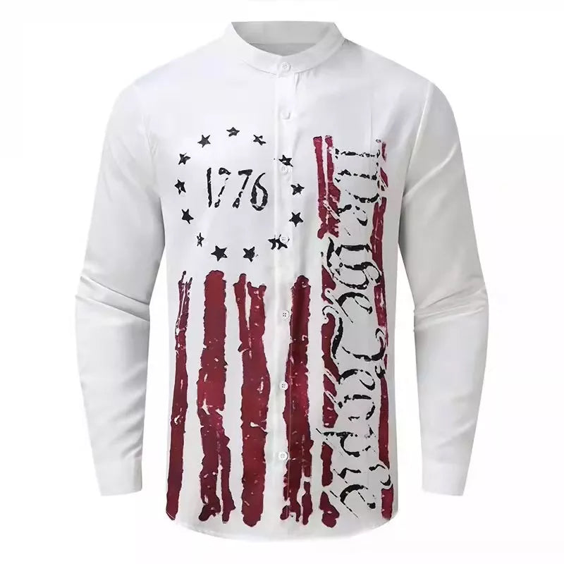 Men's Round Neck Cotton Linen Print Long Sleeve Shirt