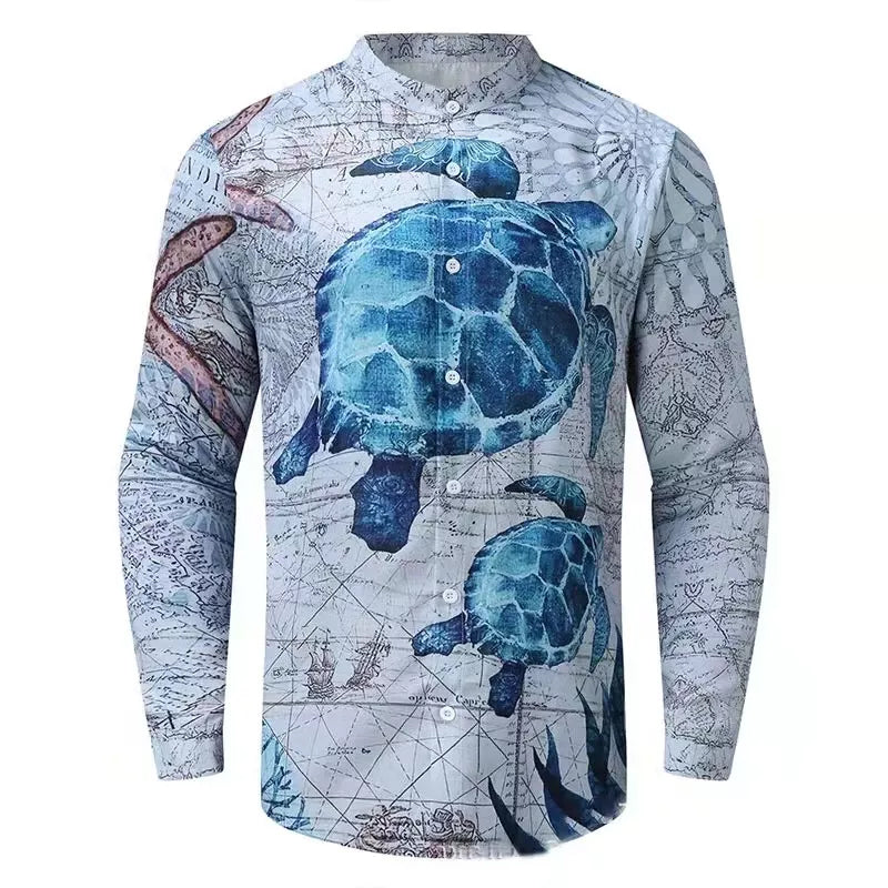 Men's Round Neck Cotton Linen Print Long Sleeve Shirt