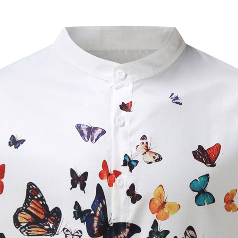 Men's Round Neck Cotton Linen Print Long Sleeve Shirt