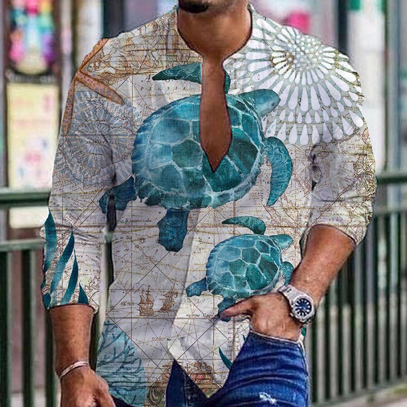Men's Round Neck Cotton Linen Print Long Sleeve Shirt