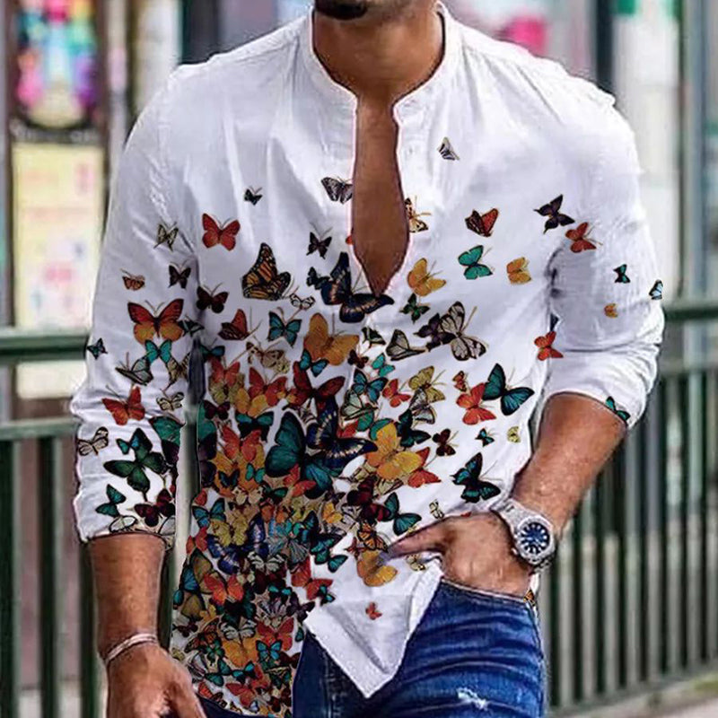 Men's Round Neck Cotton Linen Print Long Sleeve Shirt