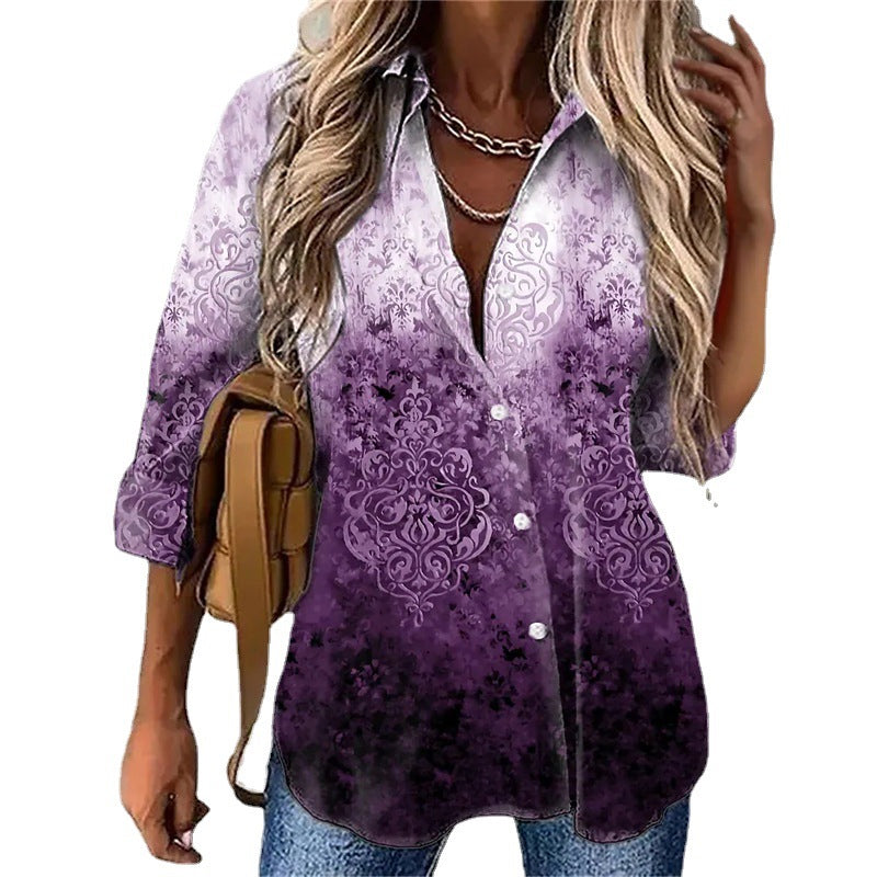 Noble Collared Print Long Sleeve Top